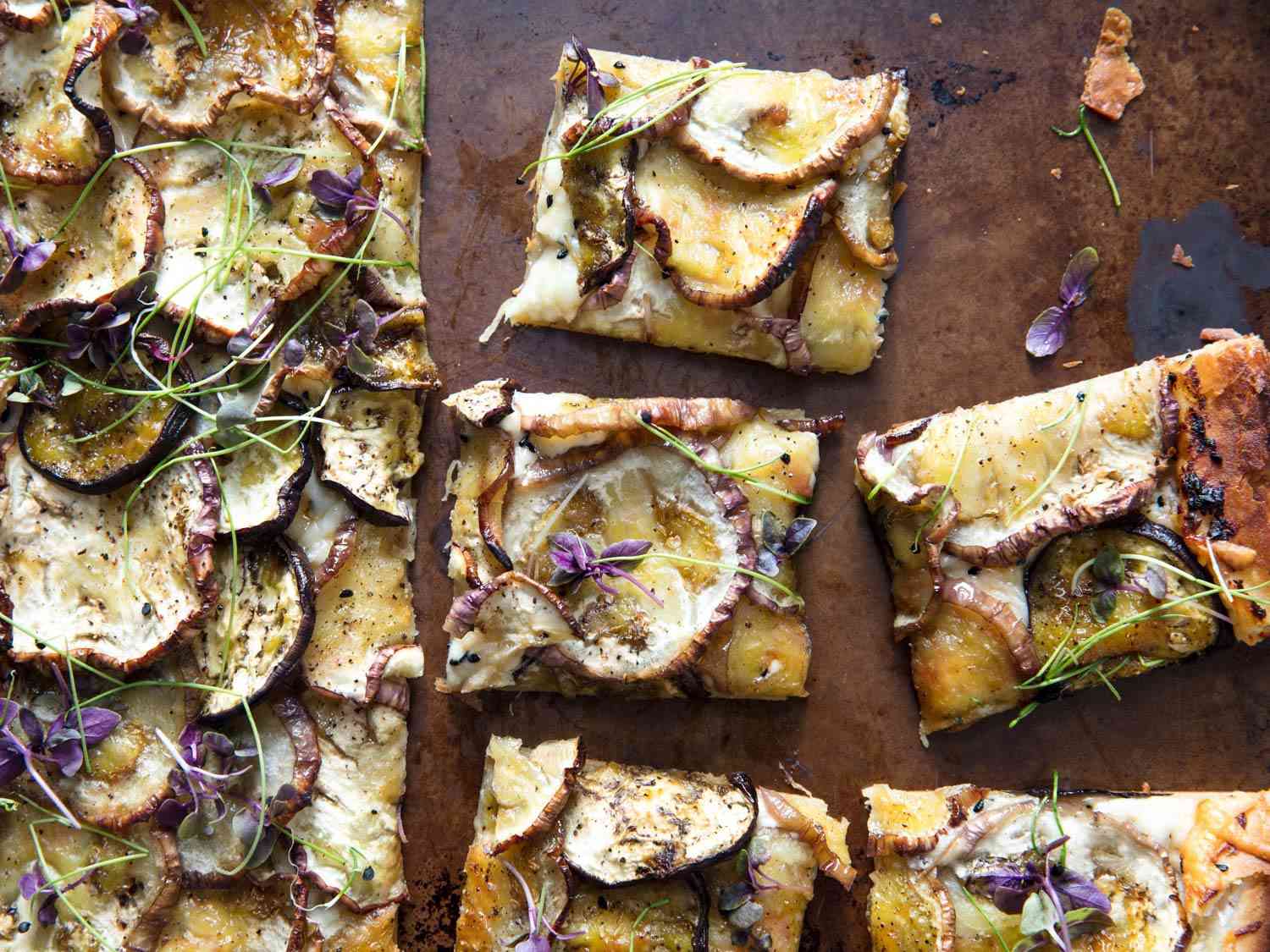 Close up of finished eggplant tart on sheet tray