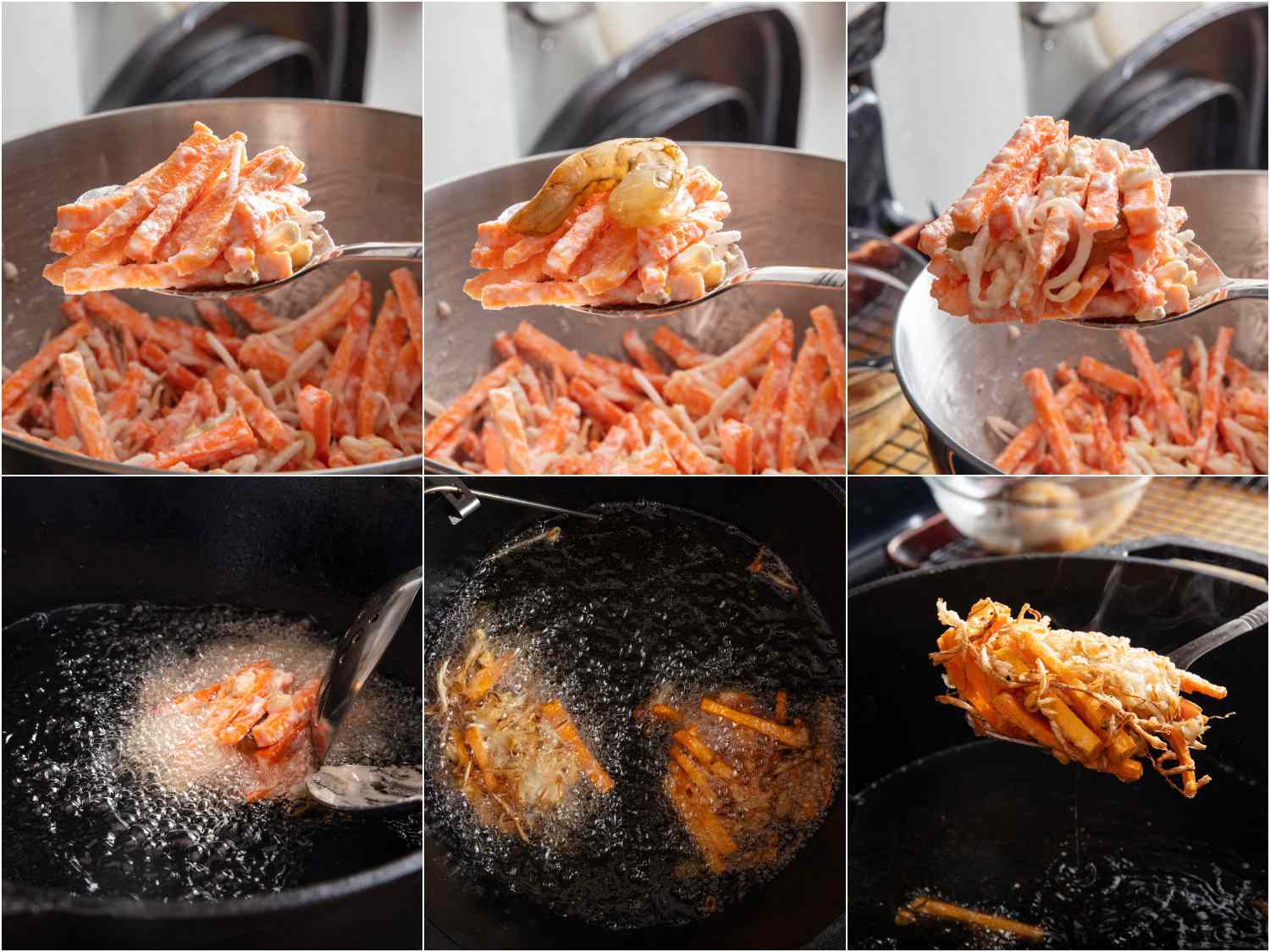 Collage of stages of assembling and frying ukoy