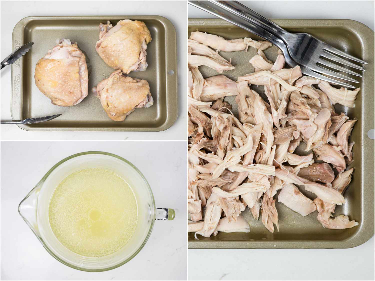 Collage of shredding chicken thighs: thighs are transferred to a sheetpan to cool, stock is poured into a liquid measure, and the thighs are shredded with a pair of forks.