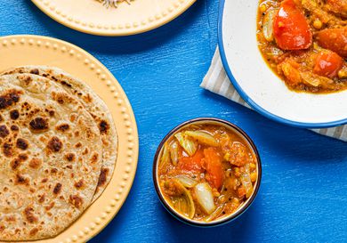 Overhead view of tomato curry recipe
