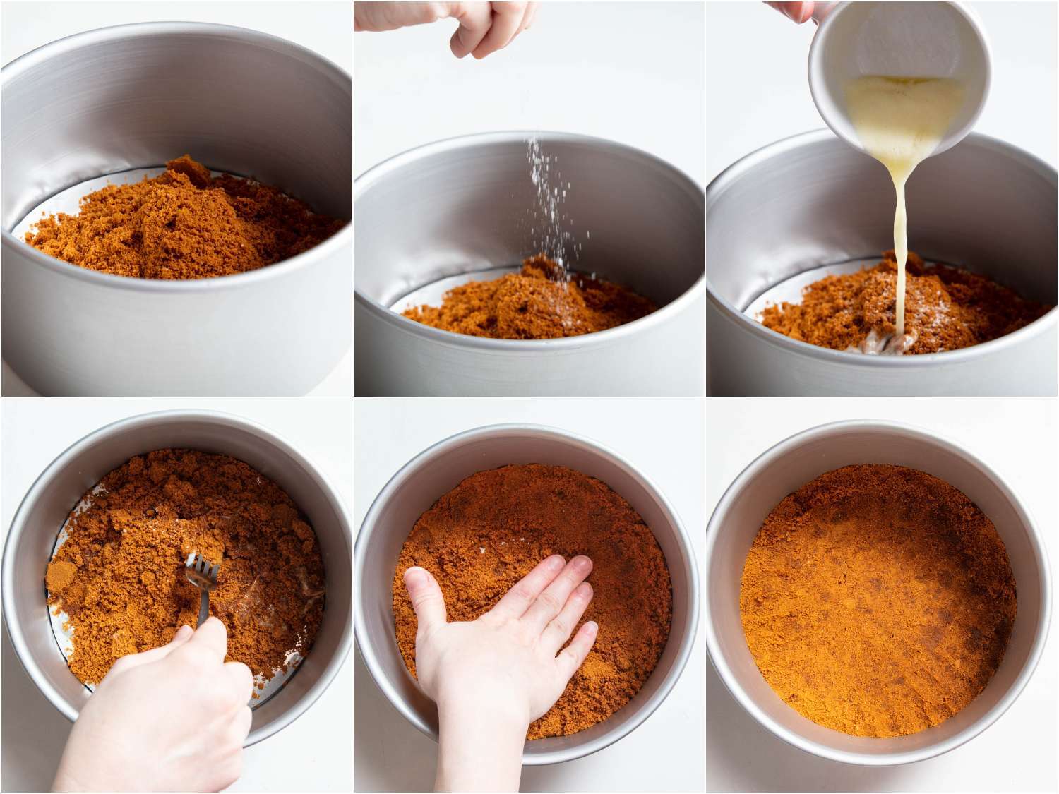 Collage of six images showing making and forming cookie crust in a cheesecake pan: combining cookie crumbs, adding salt, butter, and using a fork and hand to compress the crumbs into a thin even layer. 