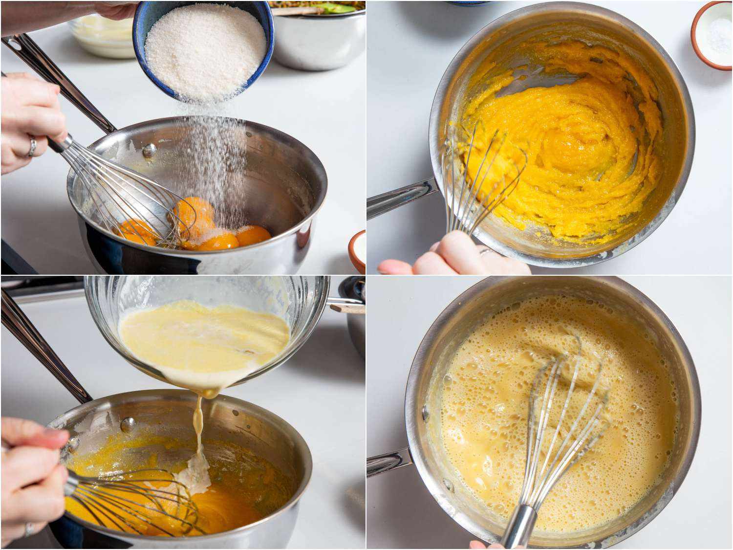 Whisking toasted sugar into egg yolks, and incorporating the pistachio milk into the mixture to make the custard base for ice cream.