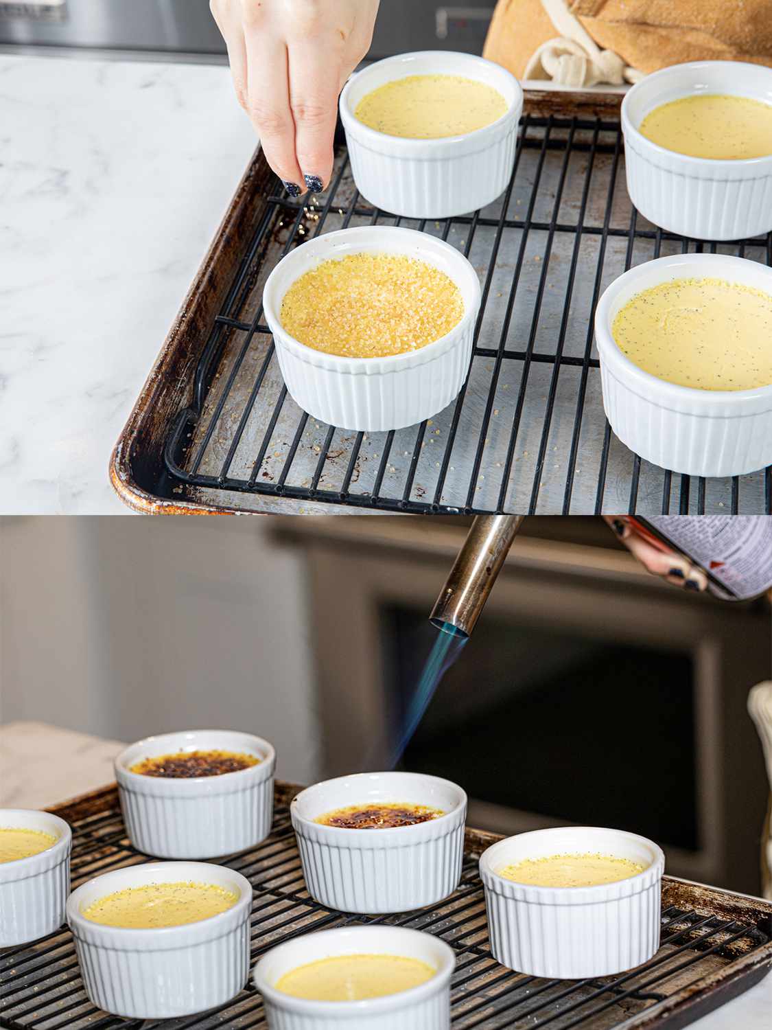 Two image collage of sprinkling sugar on ramekins and using a blow torch to brown the top