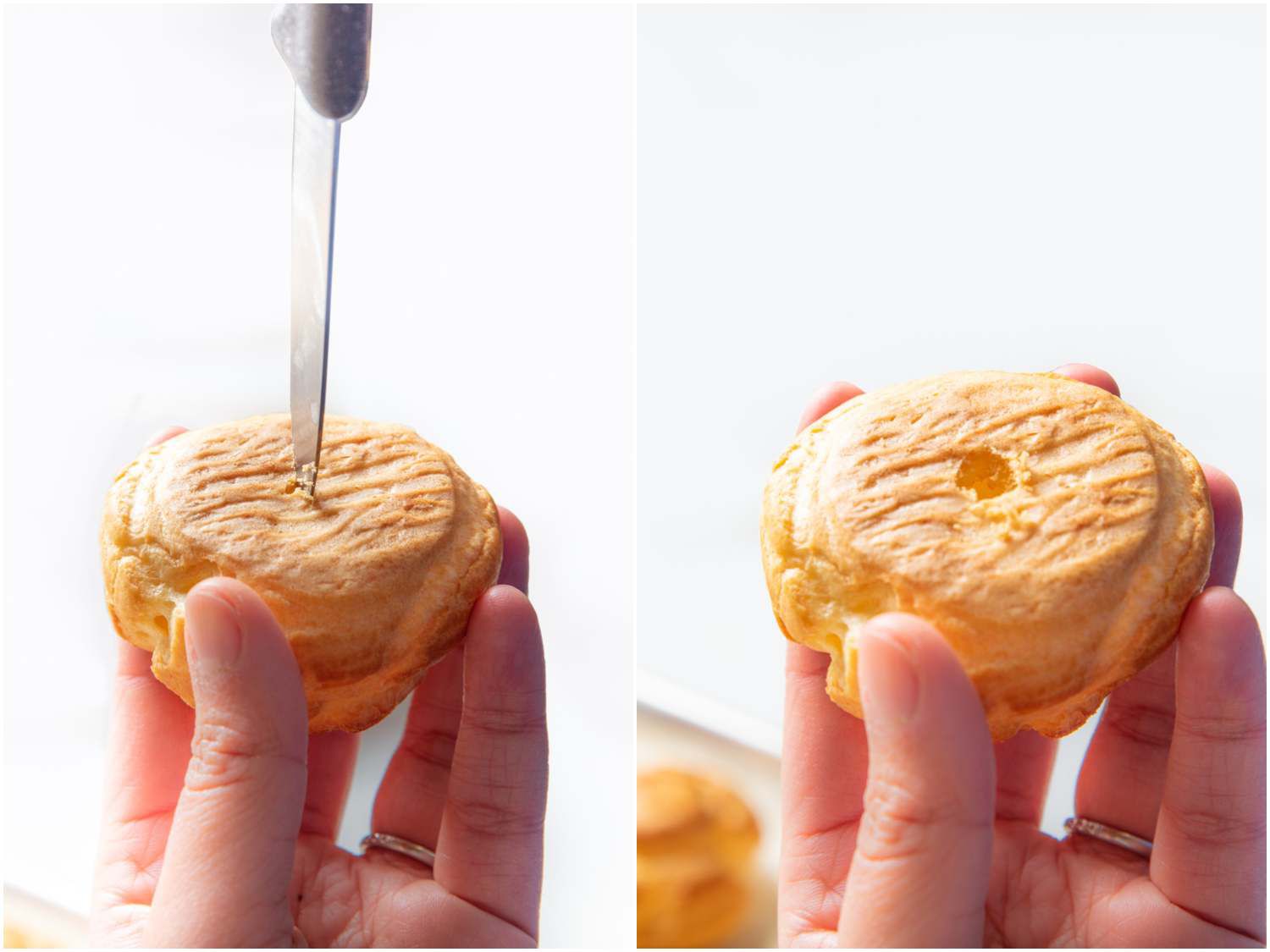 A two image collage. The left shows a knife cutting a hole in the bottom of a cream puff. The right shows the small, finished hole.