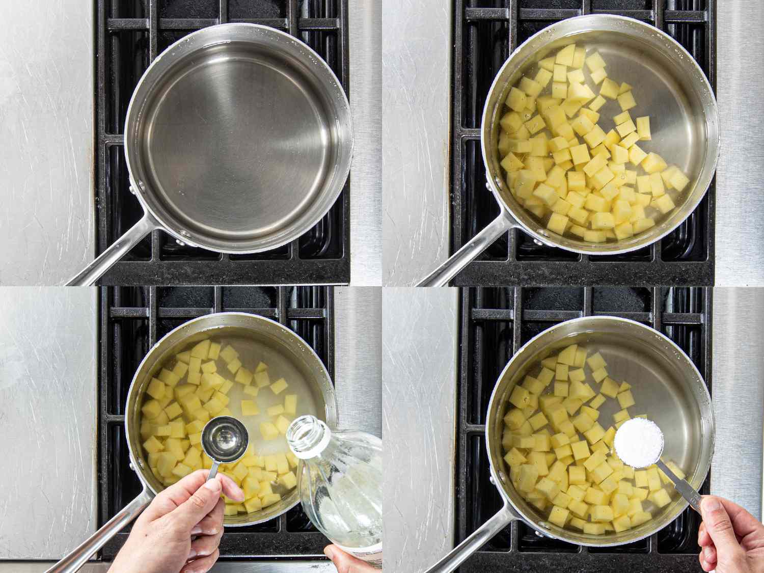 Collage of stages of boiling potato cubes a pot with water on the stove, adding measuring spoon of salt, and adding measuring spoon of white vinegar