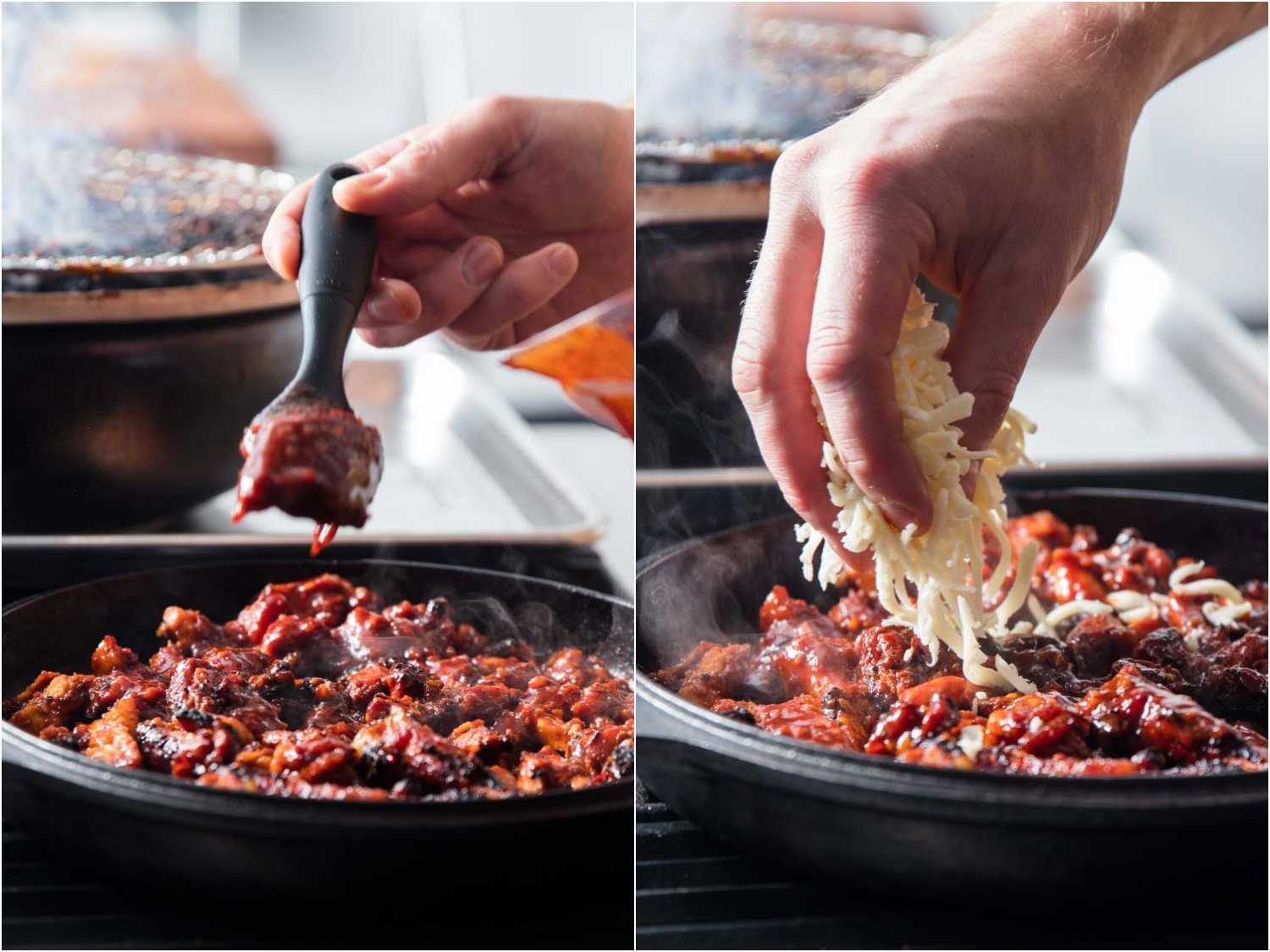 Side-by-side photos showing sauce and cheese being added to buldak chicken in a cast-iron pan.