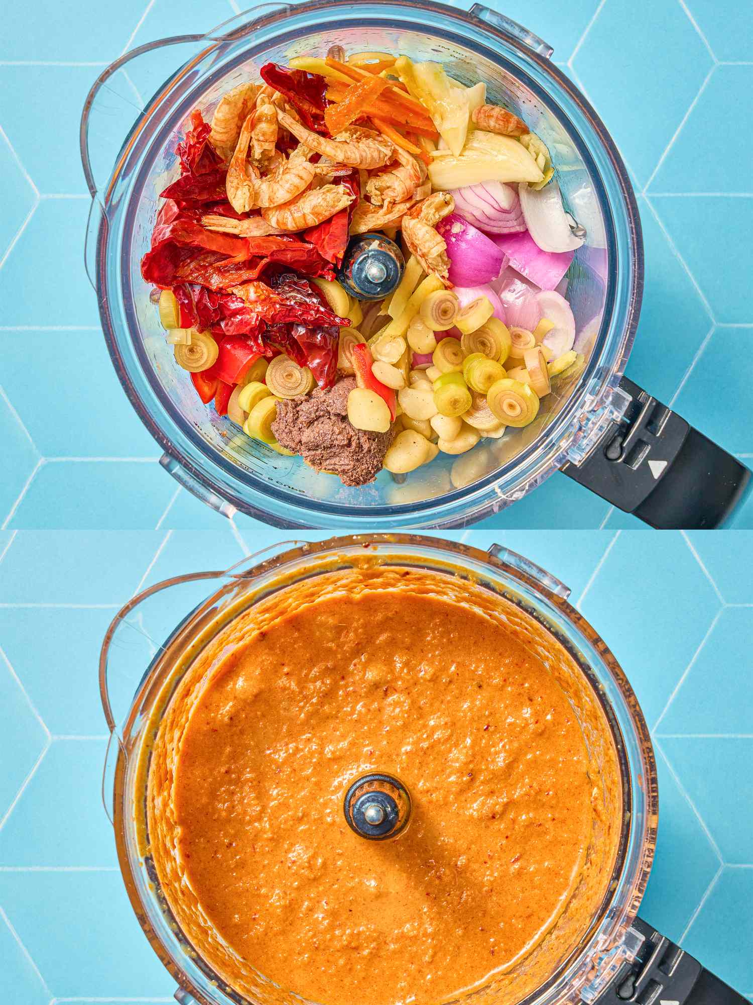 Ingredients in a food processor before and after blending