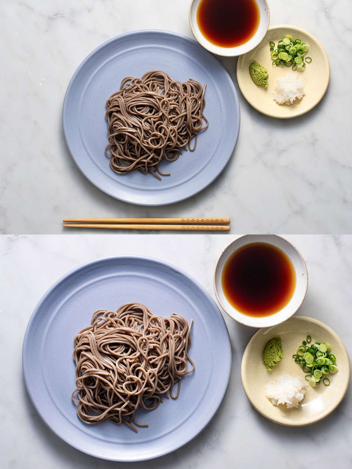 Plated soba noodles with dipping sauce