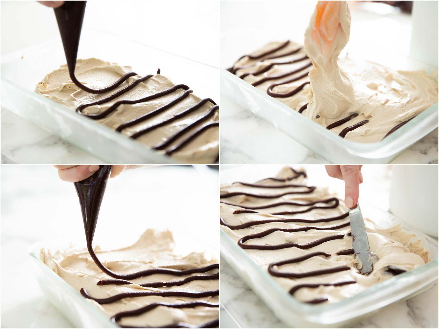piping a homemade Nutella swirl into freshly churned ice cream