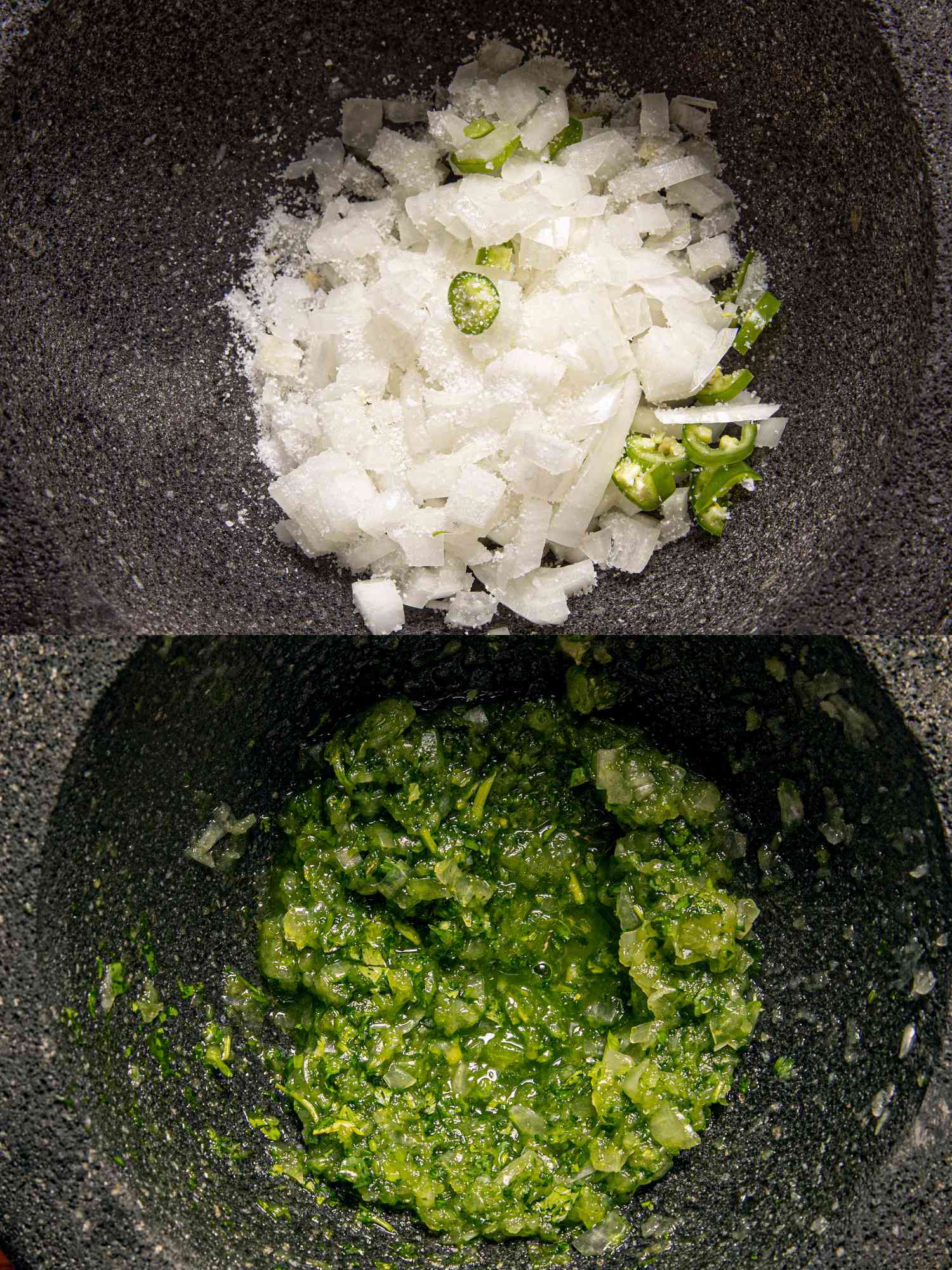 Two image collage of before and after onion, jalapeno and cilantro mashed in a mortar and pestle