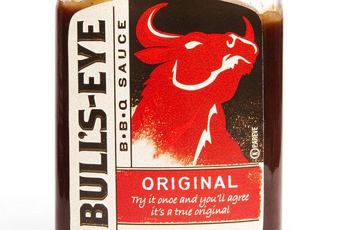 Closeup of a bottle of Bull's-Eye BBQ sauce.