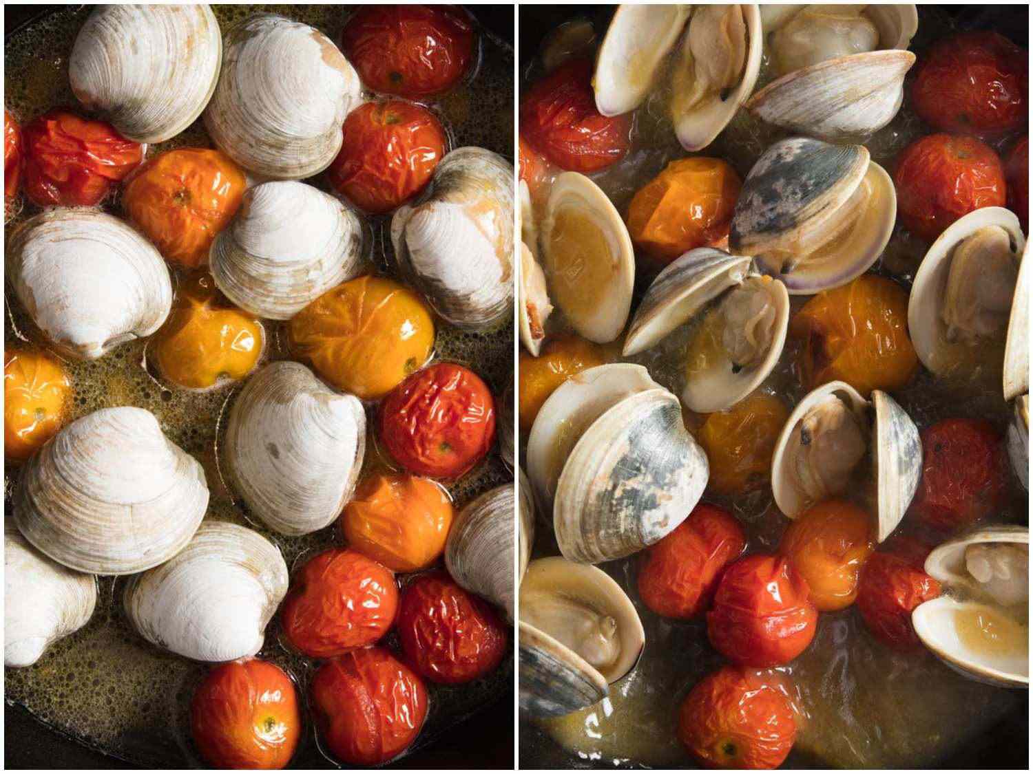 Before and after of clams and cherry tomatoes cooking in butter and vermouth