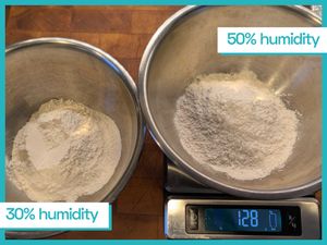 Two stainless steel bowls with flour labeled 30 and 50 humidity one placed on a digital scale displaying 128 grams