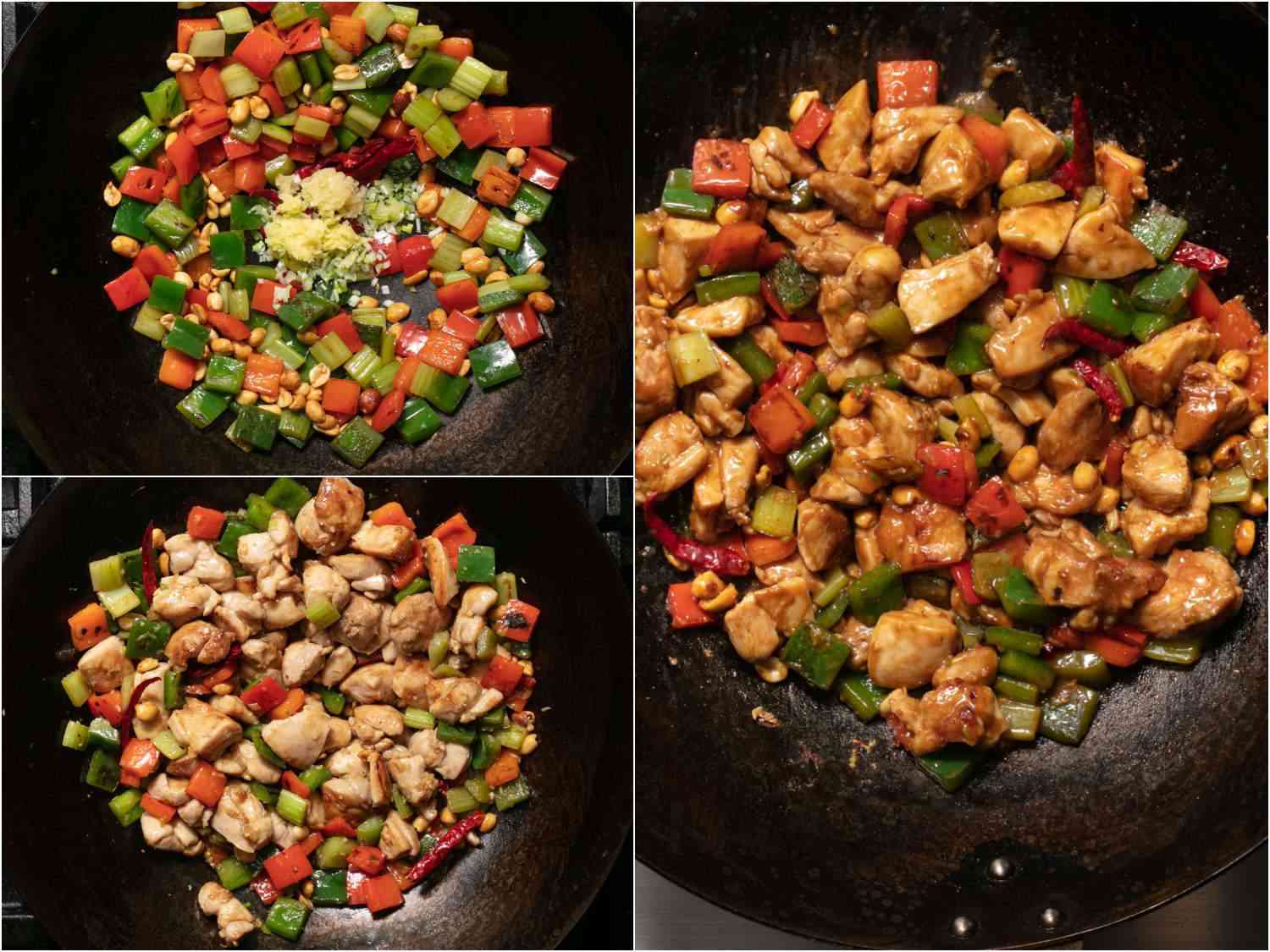 Photo collage showing finishing takeout-style kung pao chicken in a wok: adding aromatics, adding chicken, and adding sauce.