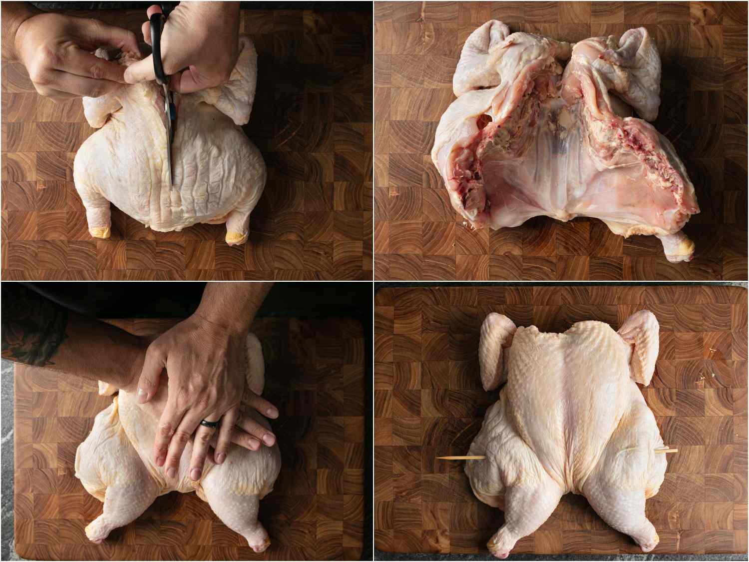 Photo collage: Cutting out backbone and crushing breastbone to butterfly a whole chicken and using skewer to support.