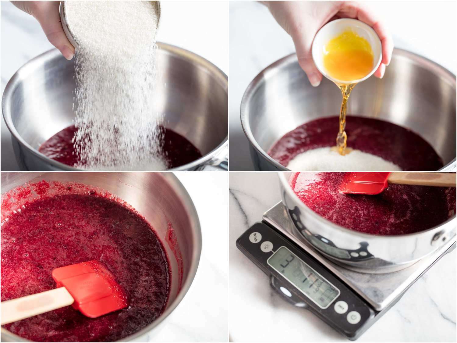 A four-image collage. The top left shows sugar being added to the syrup. The top right shows lemon juice being added. The bottom left shows mixing the syrup with a spatula. The bottom right shows weighing the syrup in the pot on a scale being cooking. 