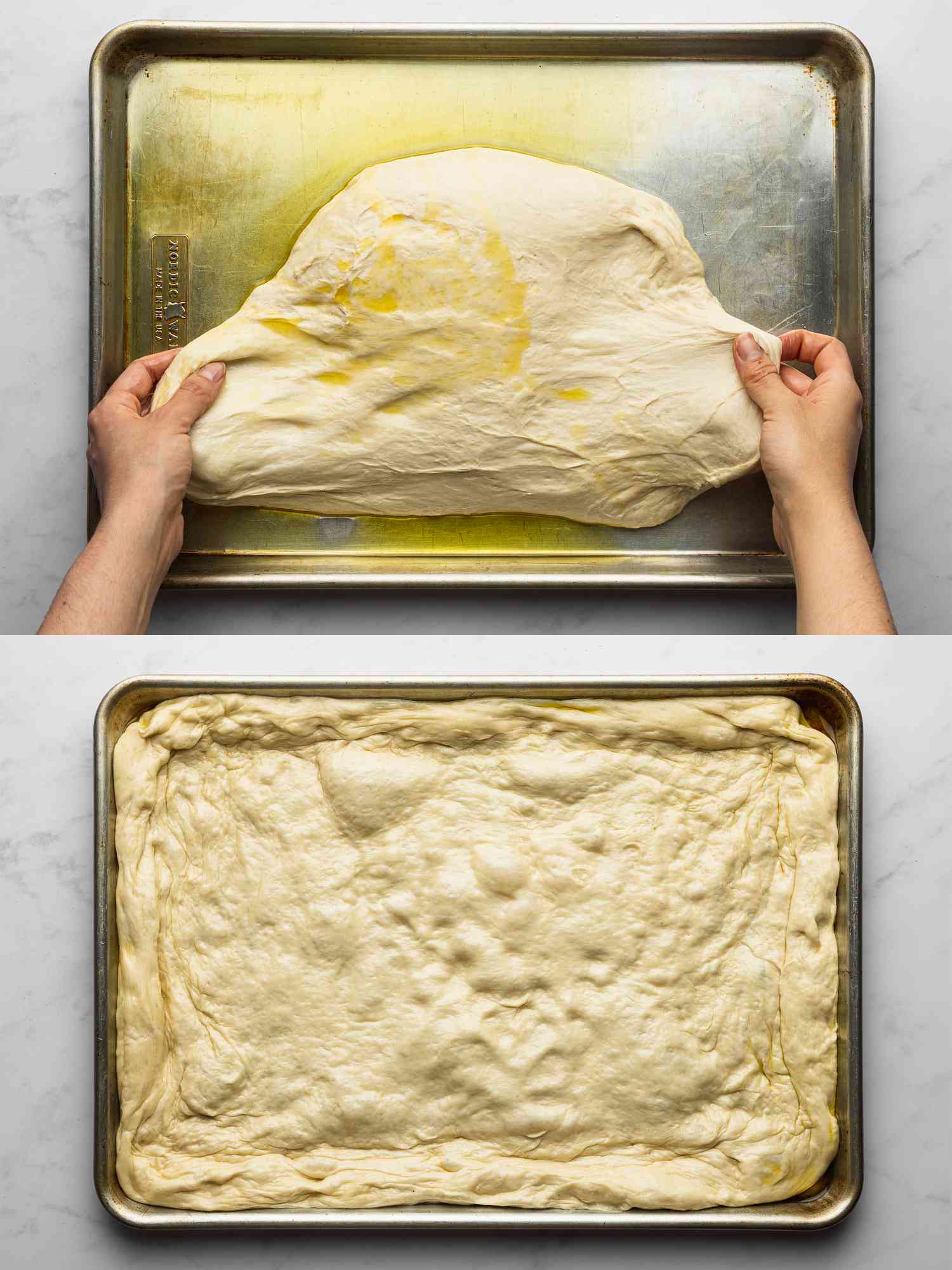 Two image collage of stretching dough to fill baking sheet