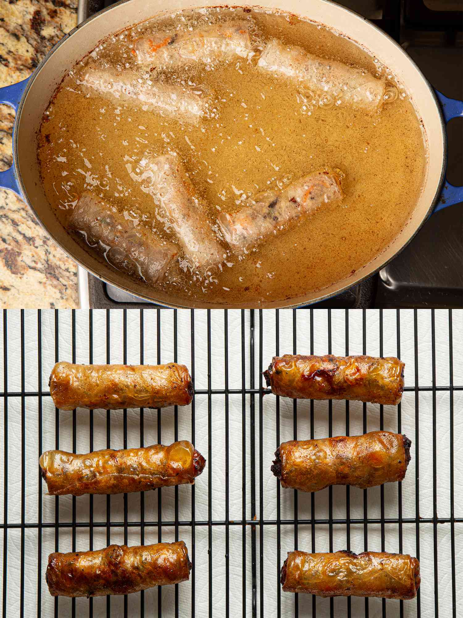 Two image collage of imperial rolls frying and resting on wire rack