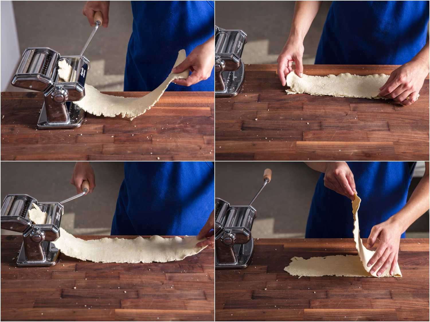 Collage of process of sheeting ramen dough