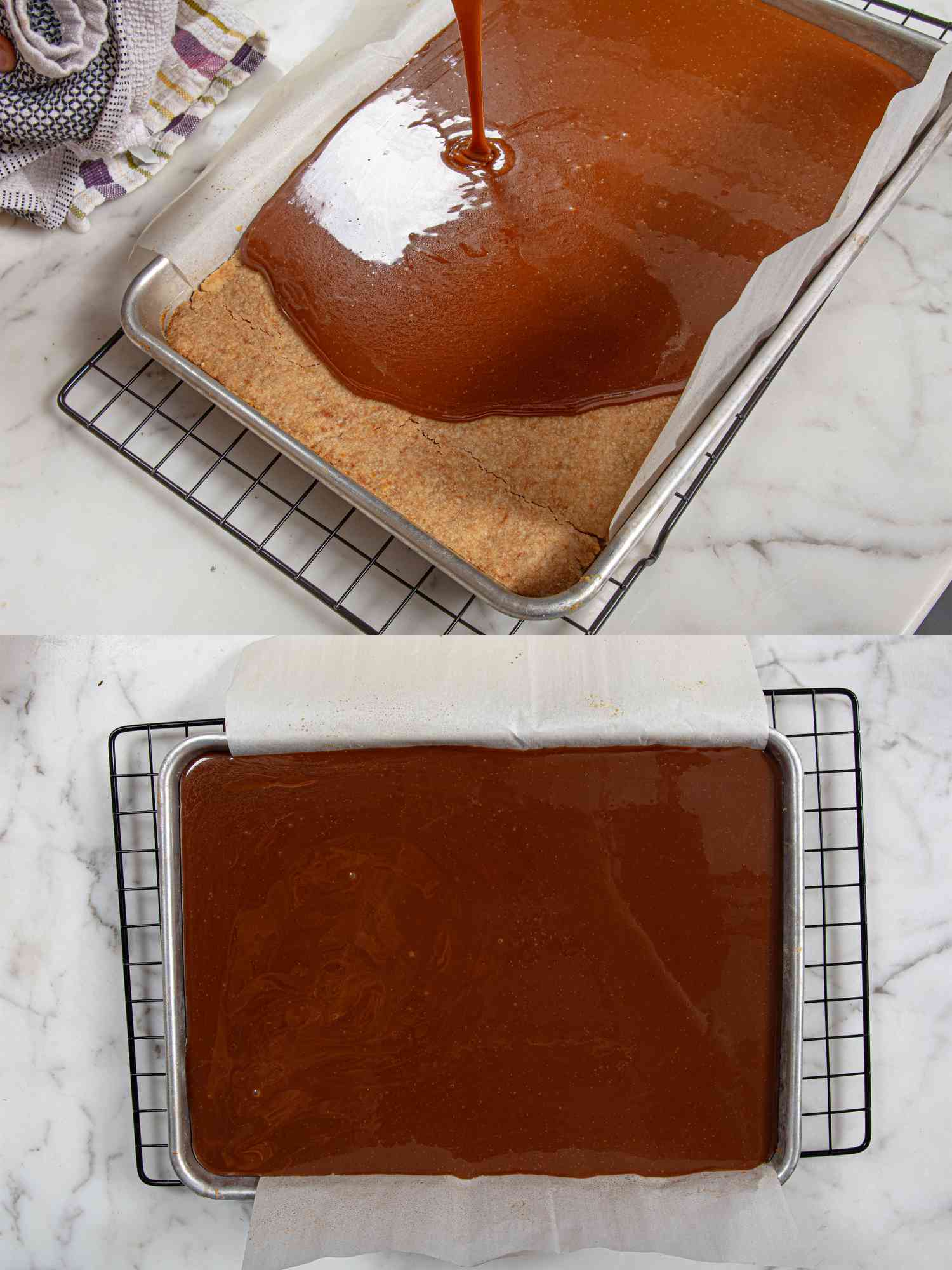 Side view of pouring caramel onto shortbread