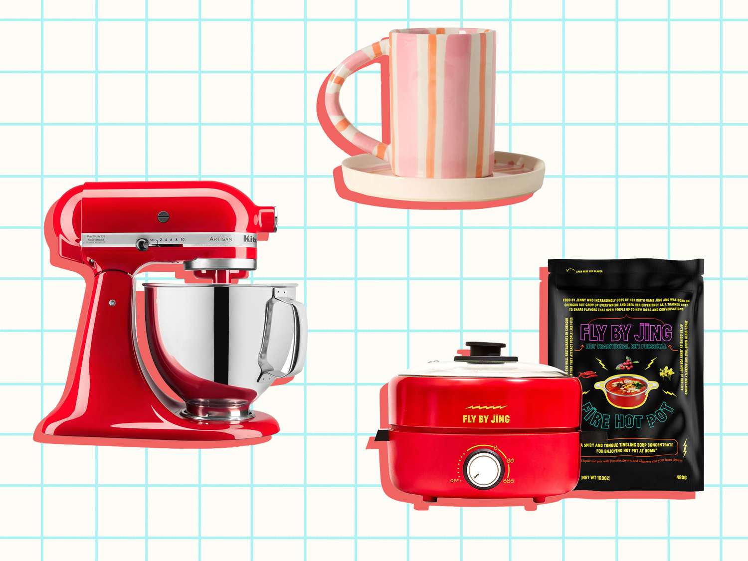 Various gift items including a stand mixer a striped mug with saucer a mini hot pot and chili snacks