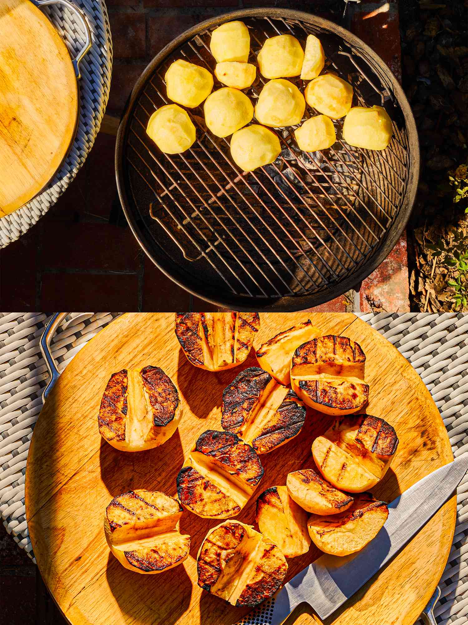 Two image collage of apples on a grill and resting on a cutting board