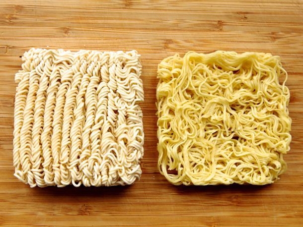 Overhead of cheap ramen noodles on the left, and fancy, air-dehydrated noodles on the right.