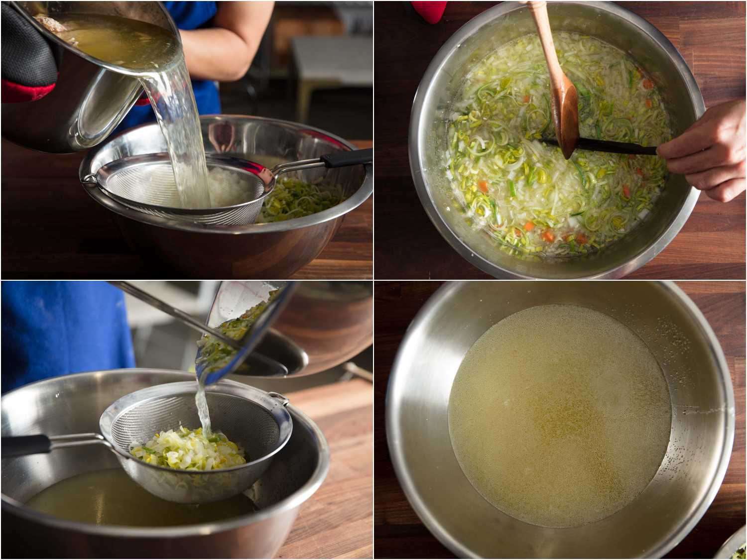 Photo collage of making broth for ramen: pouring meat-infused broth through a strainer over vegetables, bowl of vegetables and meat broth, pouring vegetables and broth through strainer, strained broth in a metal bowl.