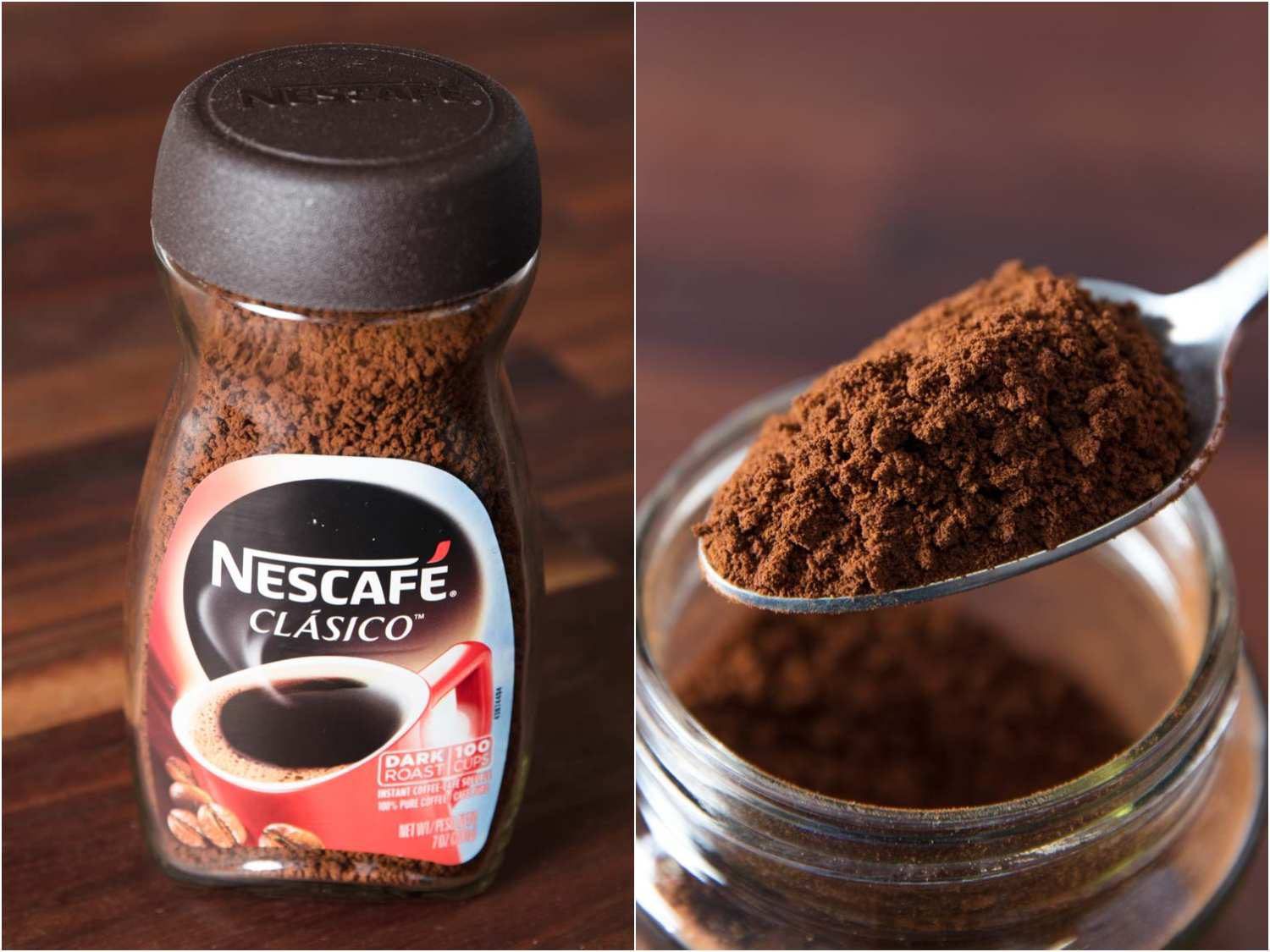 A split image of a container of Necafé and a spoonful of the instant coffee.