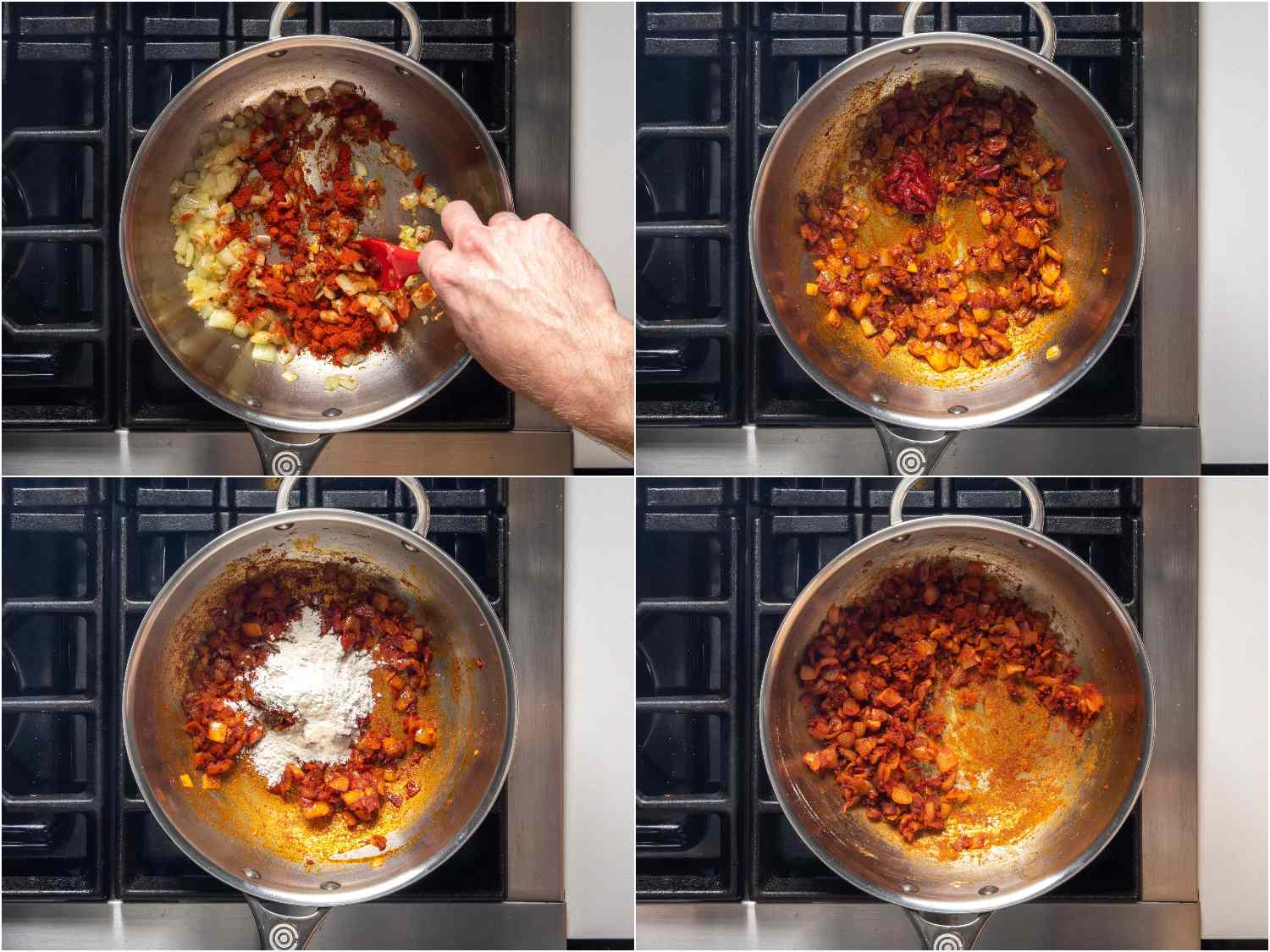 Adding paprika, tomato paste, and flour to onion mixture for salsa brava