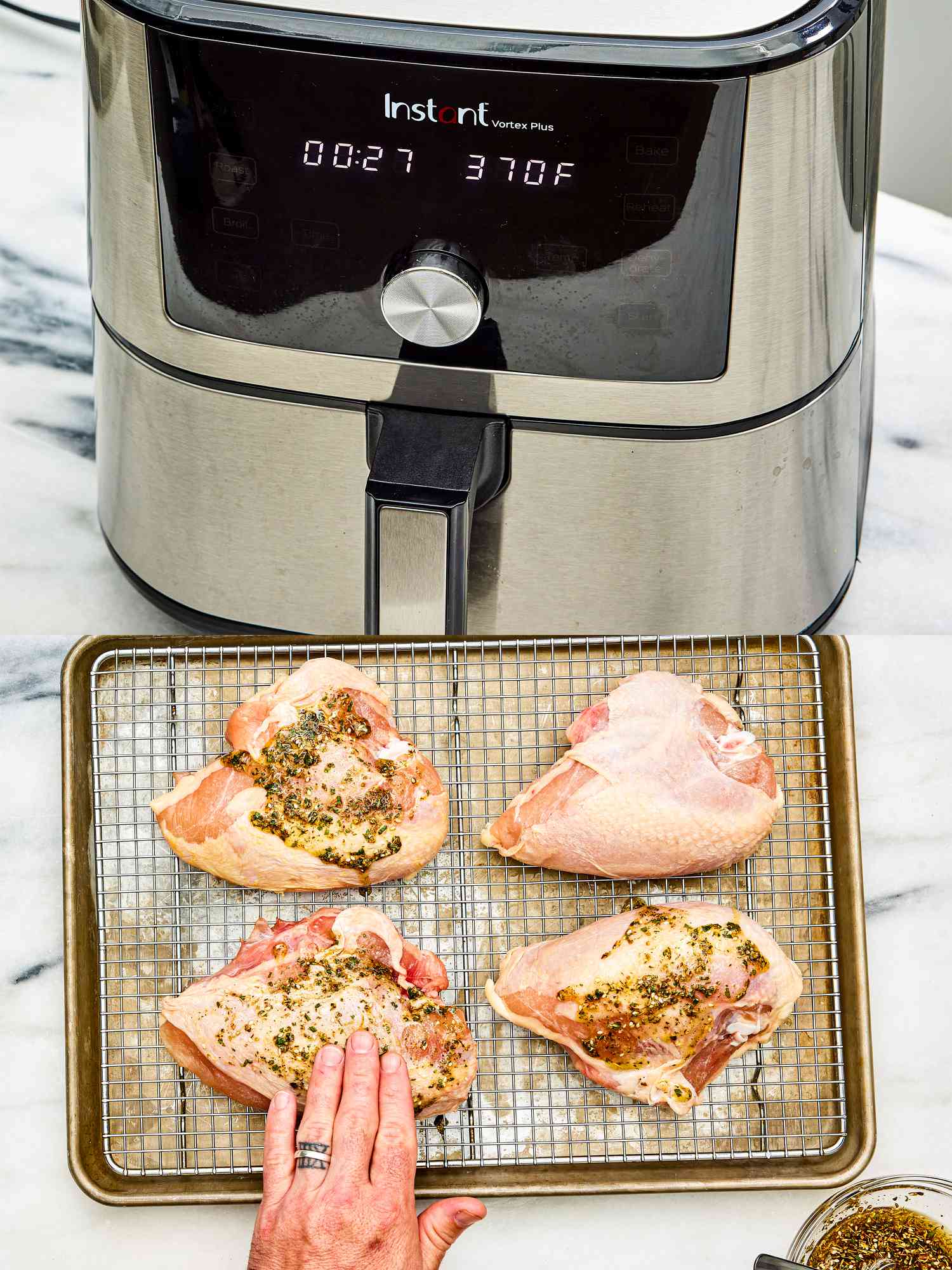 A collage of two photos: an Instant Pot air fryer preheating to 370ÂºF and a hand seasoning four bone-in skin-on chicken breasts.