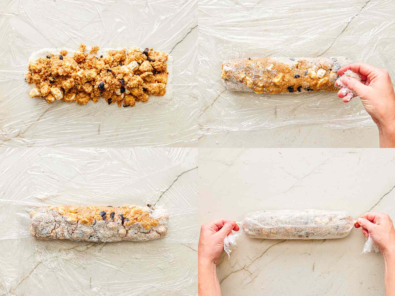 Four image collage of rolling fifteens, covering in coconut, and rolling in plastic
