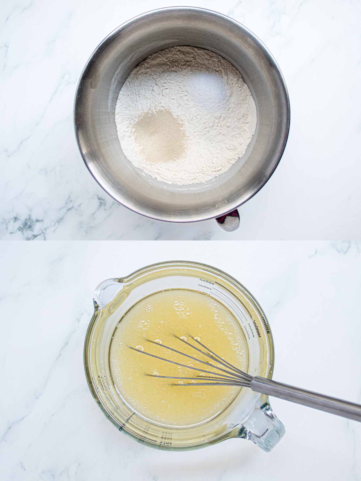 Two image collage of dry and wet materials in bowls