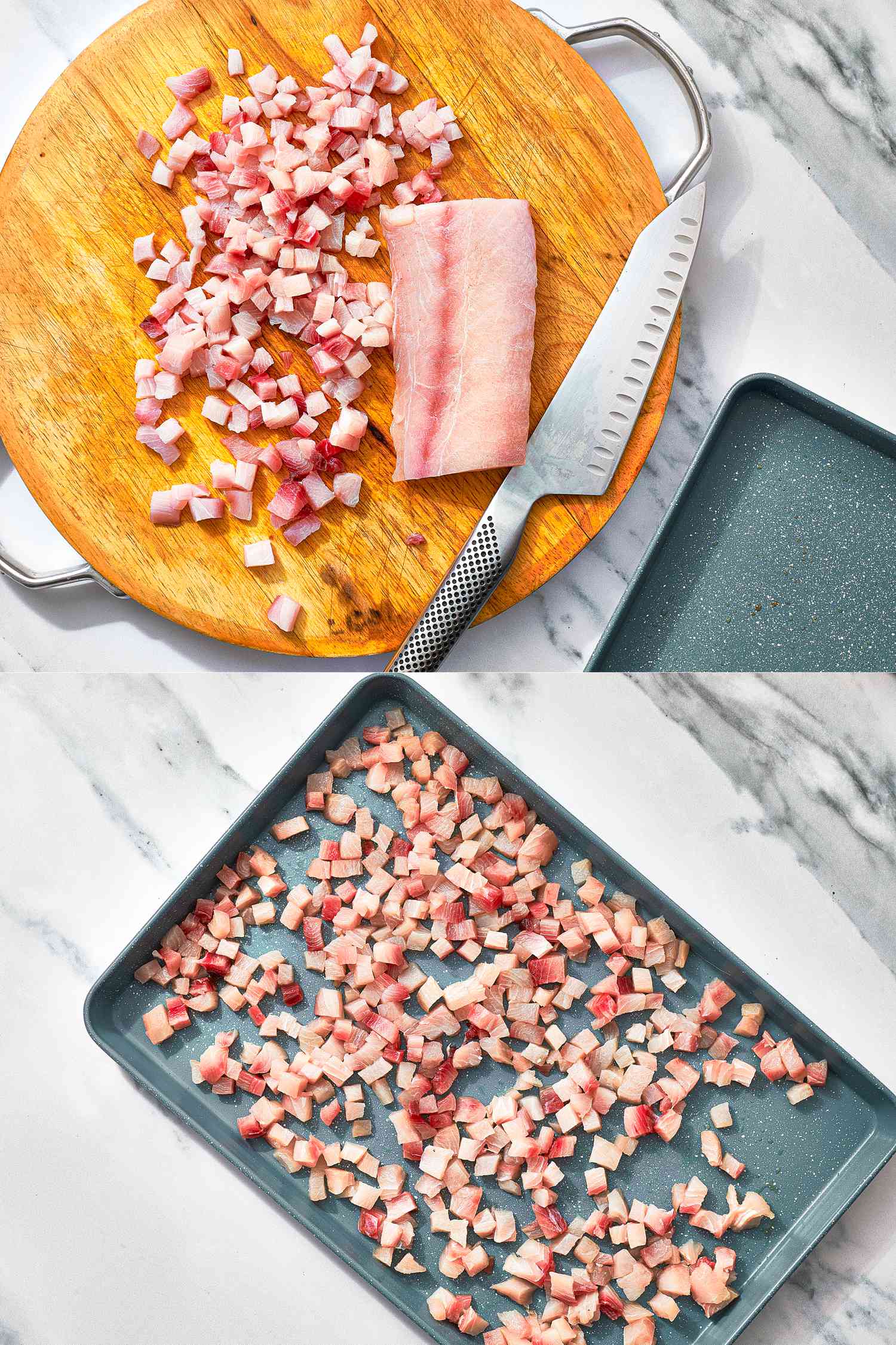 Two image collage of fish on a cutting board chopped into little cubes and then transferred to a baking tray