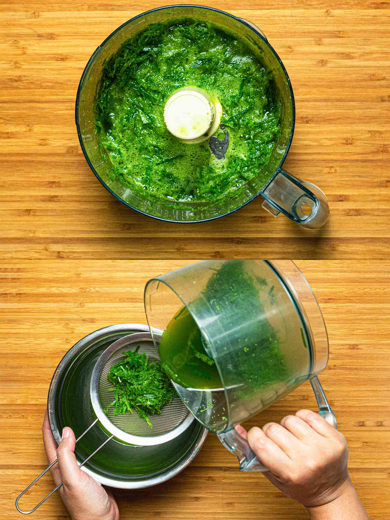 Two image collage of processed pandan leaves and straining mixture