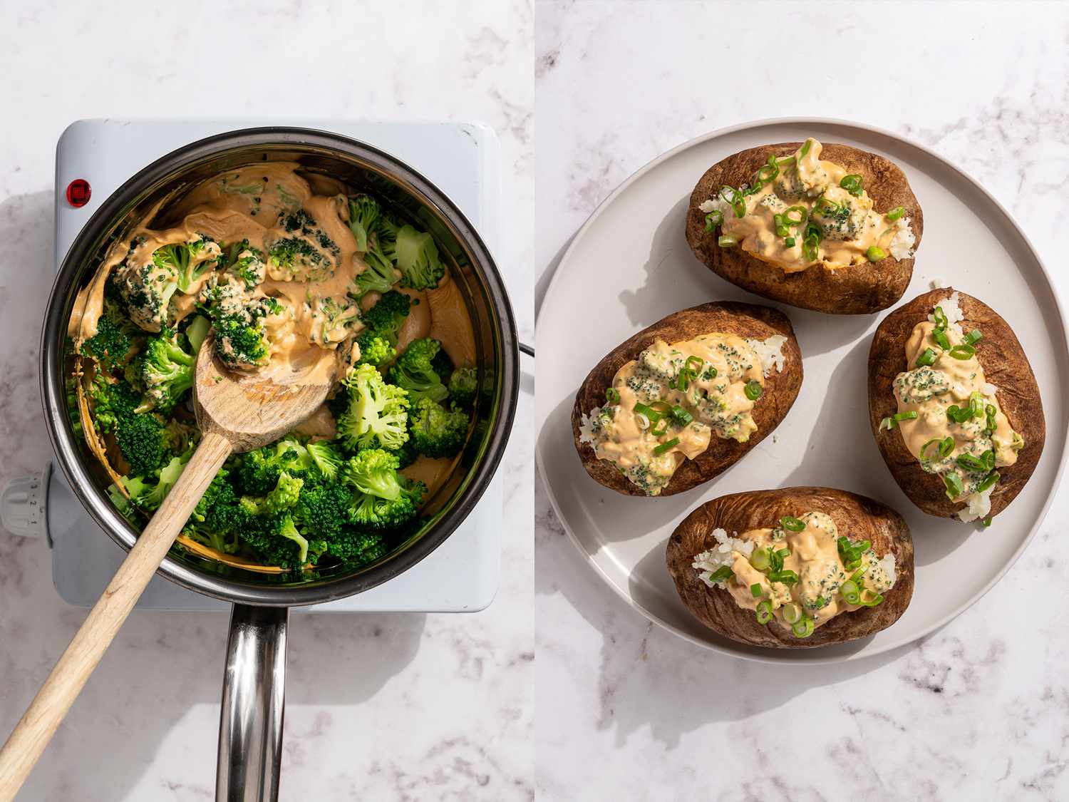 Broccoli and vegan cheese being stirred in a pot, then added to baked potatoes