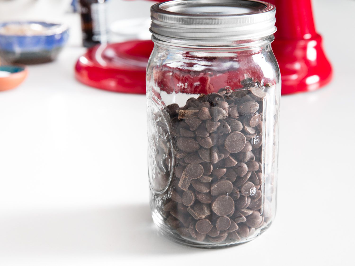 Homemade chocolate chip blend inside a glass mason jar.