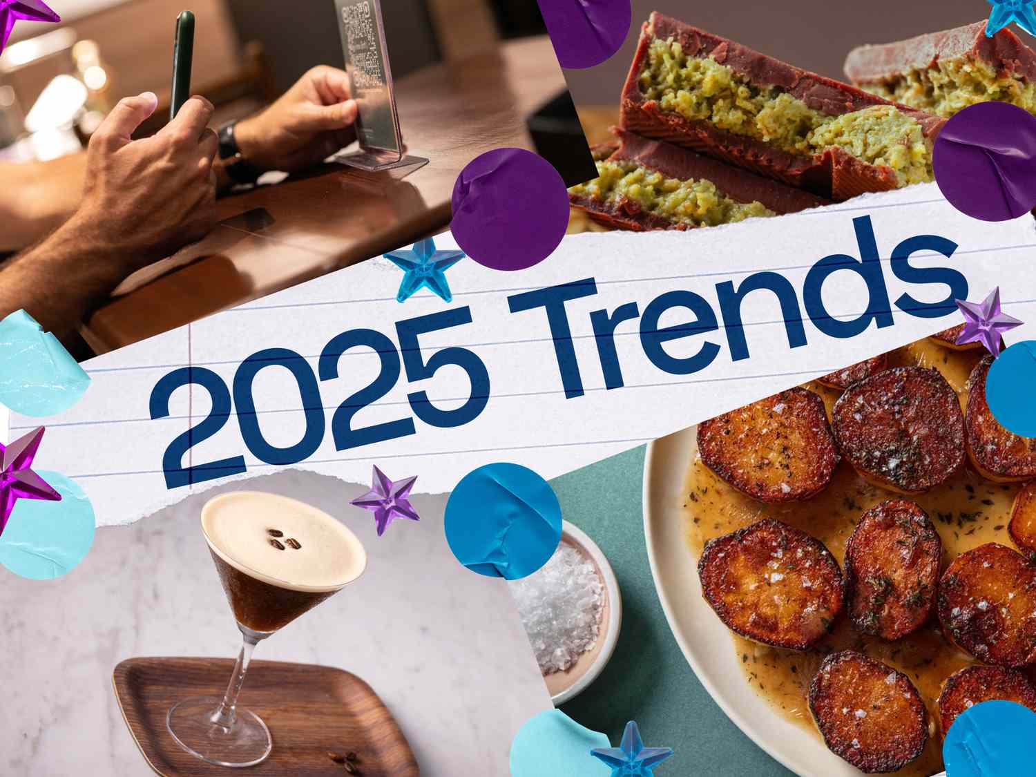 Collage of popular food and beverage trends with the title 2025 Trends including dishes and drinks