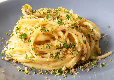 Side view of caesar pasta