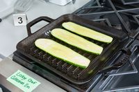 Zucchini being grilled on the Lodge 11-Inch Cast Iron Square Grill Pan