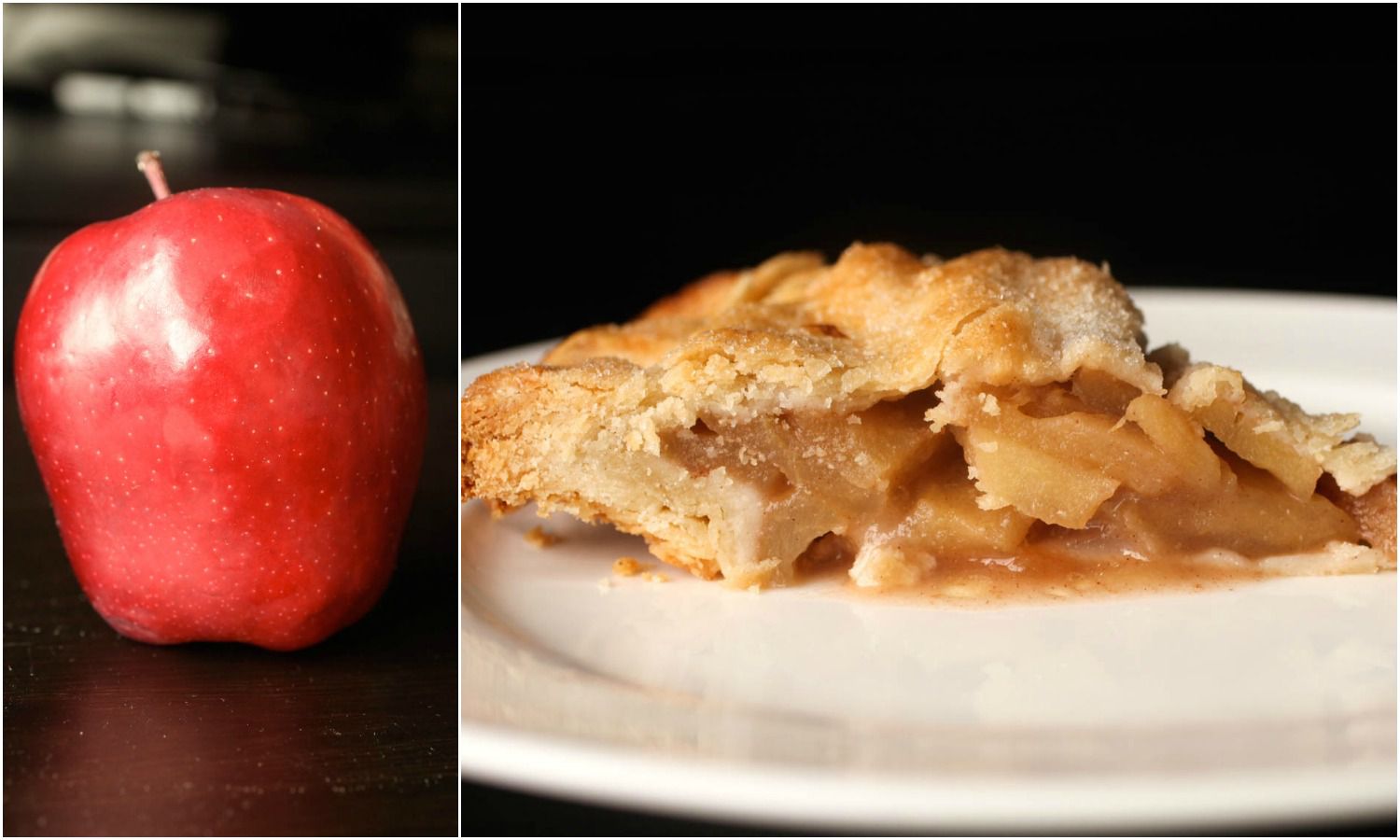 Collage of a Red Delicious apple next to a slice of pie made with Red Delicious apples