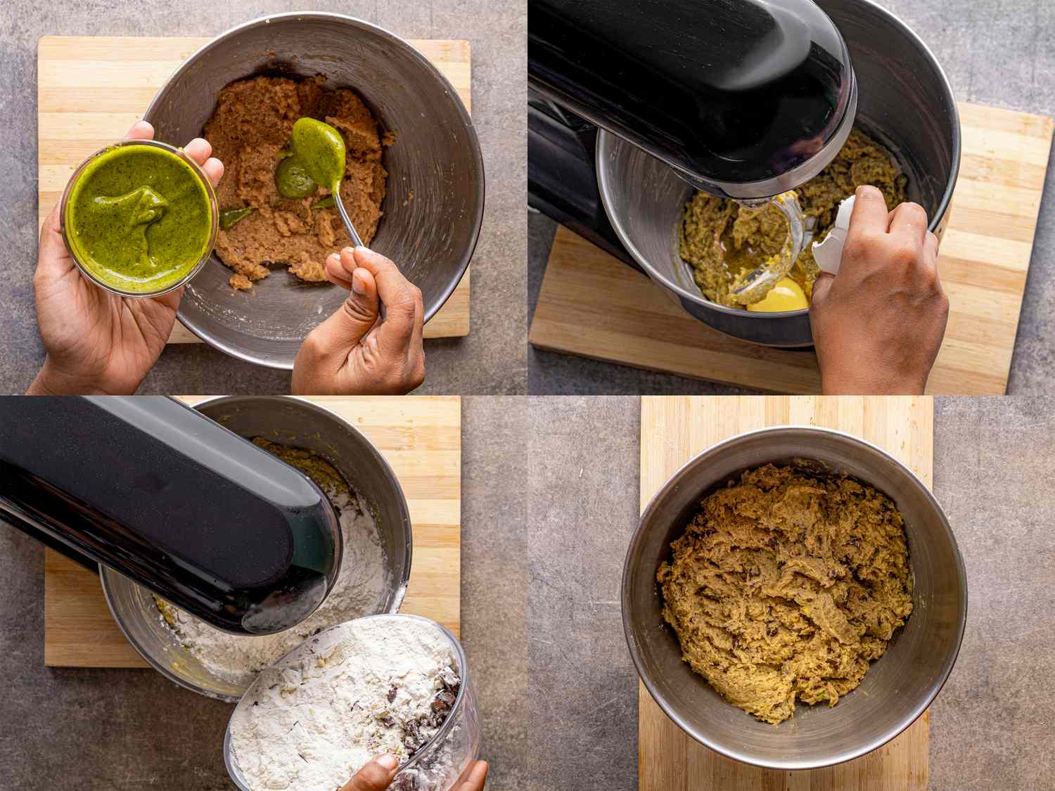 Steps of making pistachio chocolate chip cookie dough including adding ingredients and mixing in a bowl with a mixer