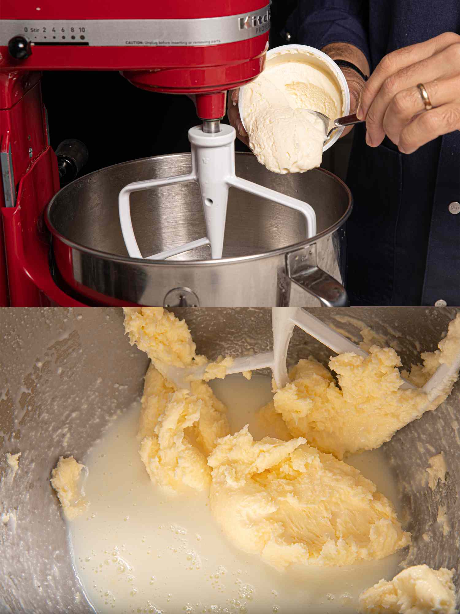 Two image collage of adding creme fraiche to a stand mixer and after butter has separated from buttermilk 