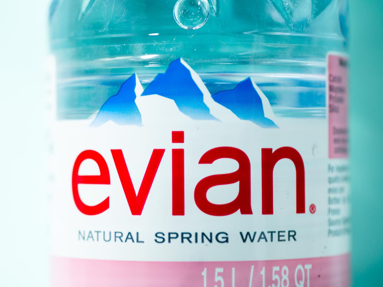 Close-up of a bottle of Evian water.