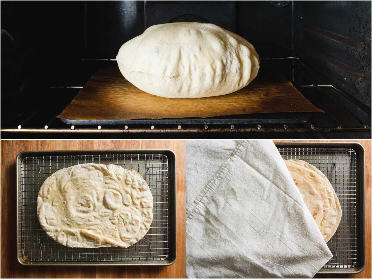 A collage of three photos: Lavash puffing up like a pillow in oven, baked lavash on a cooling rack, and a stack of lavash covered with a kitchen towel.
