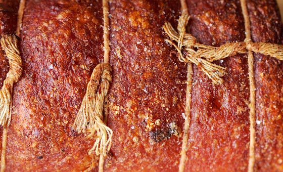 close-up of crispy blistered deep-fried porchetta skin