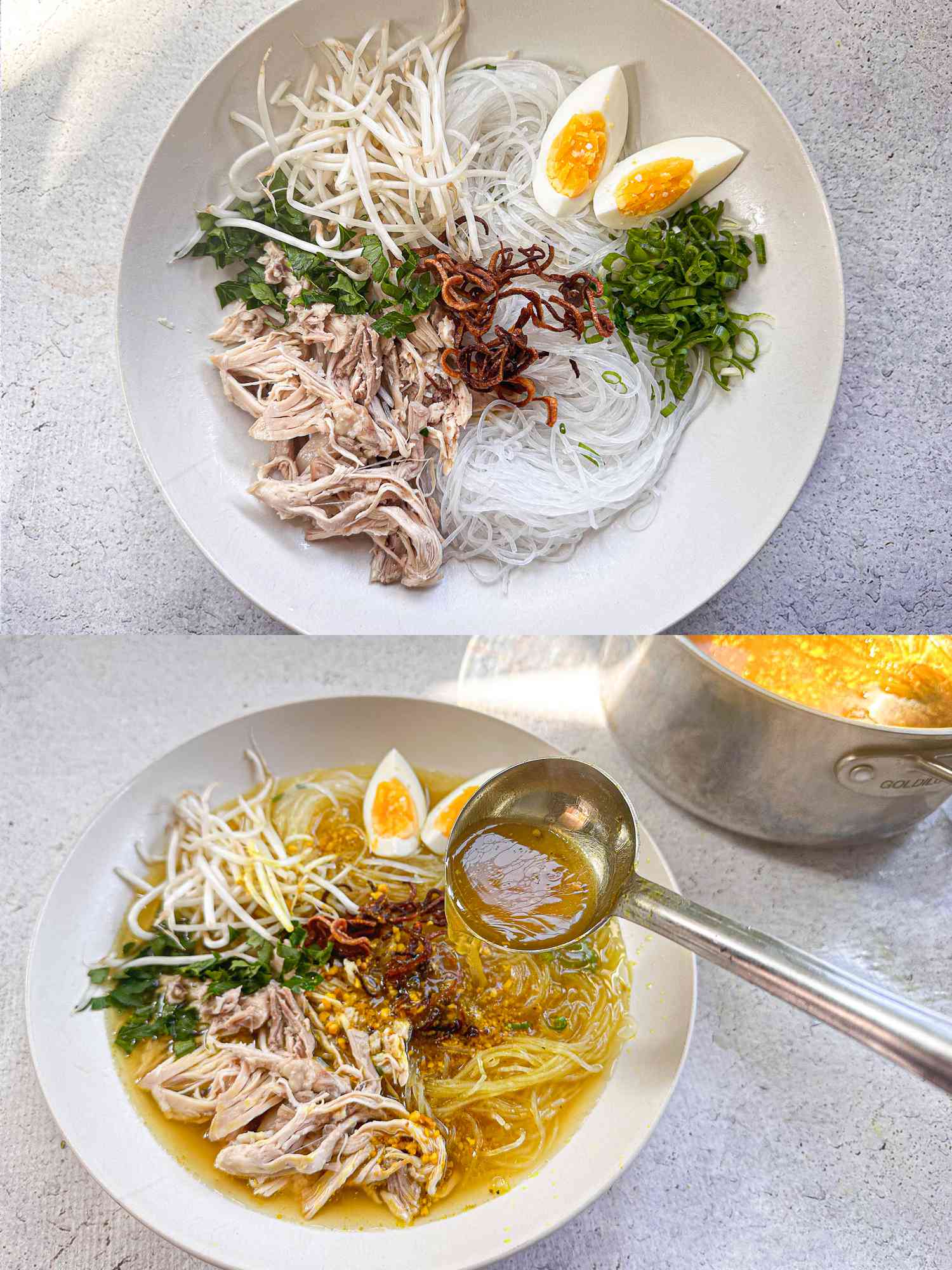 2 image collage. Top: Shredded chicken, noodles, mung bean sprouts, eggs, green onion, celery, and shallots placed in a bowl. Bottom: spooning broth onto soup bowl