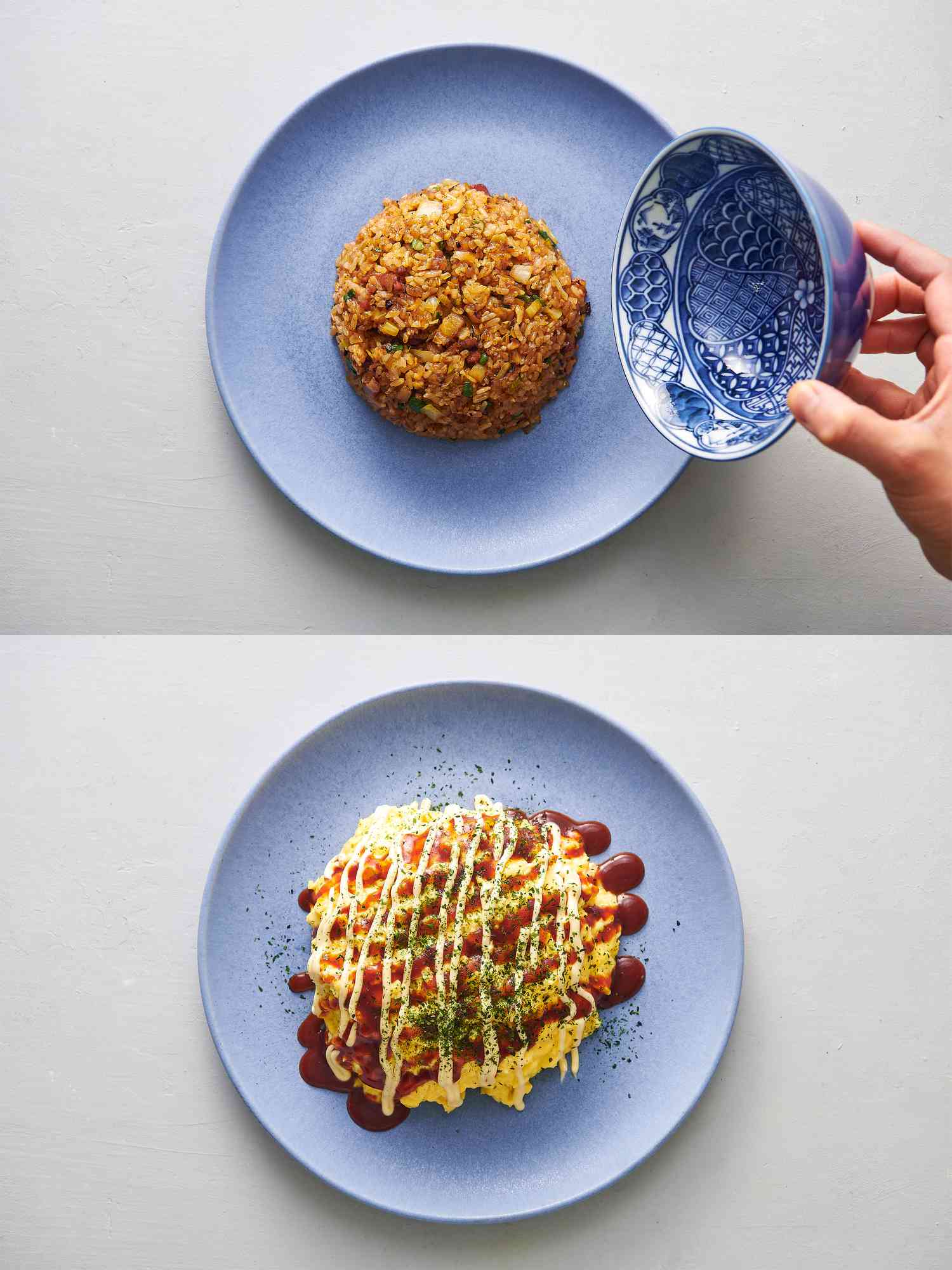 Rice holding a mound-like form on plate after lifting bowl from rice, and open-face omelette slid on top of rice mound