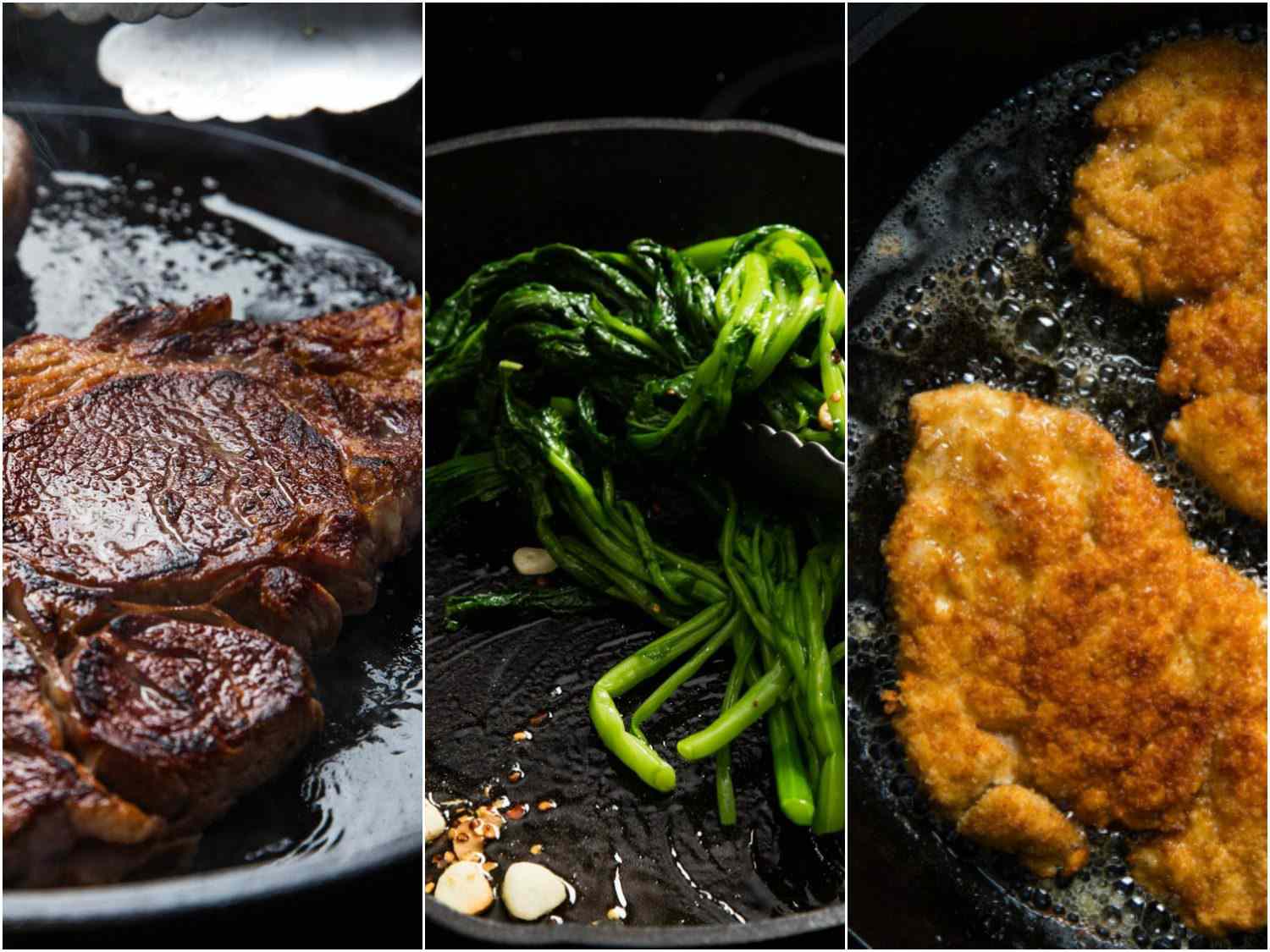 Collage showing three dishes cooking in cast iron skillet.