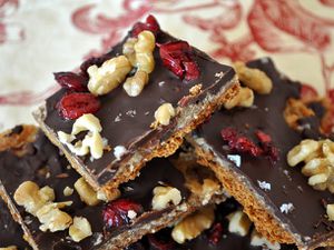 Closeup of Cranberry Chocolate Walnut Brickle, broken into square pieces.